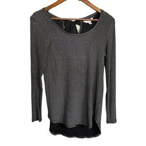 LC Lauren Conrad Womens Black Striped Long Sleeve Tie Bow Keyhole Back Blouse XS